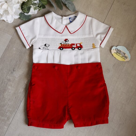 Smocked Red White Jon Jon Shortall Fireman Dalmation FireTruck 9 Months NWT